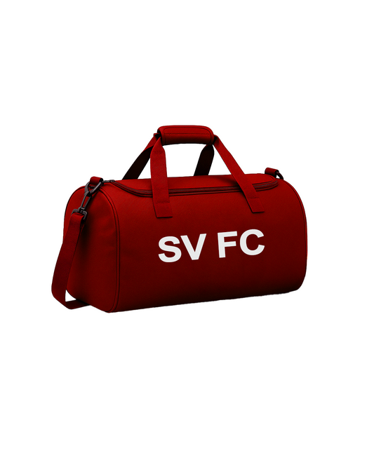 Red duffel bag with 'SV FC' text on a white background